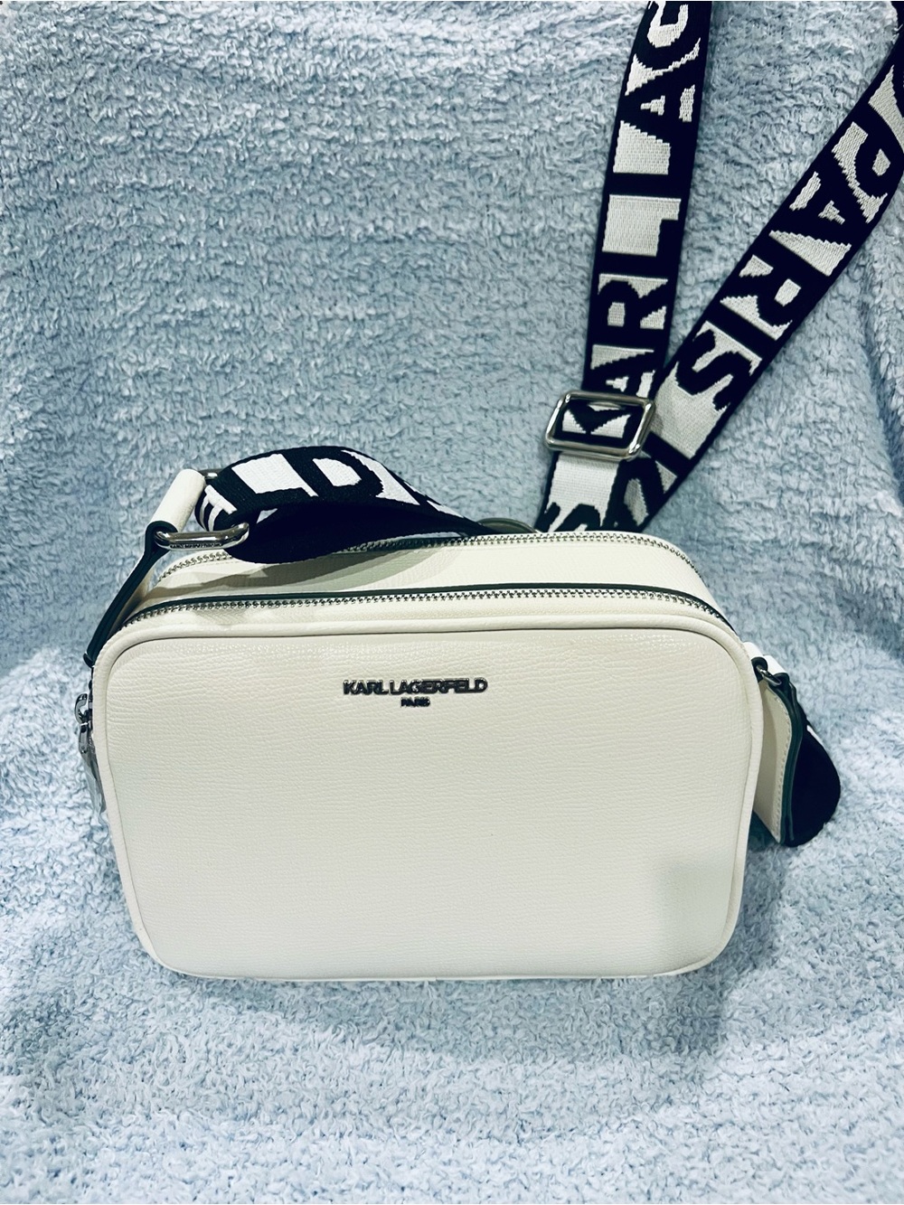 Karl Lagerfeld White Pebbled Crossbody Camera Bag with Black Logo Strap